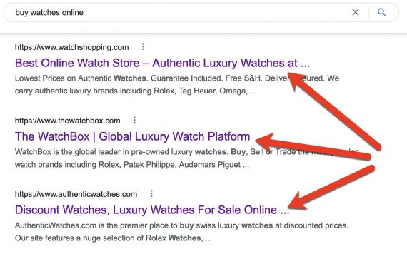 显示三个标题标签的“在线购买手表”搜索结果的屏幕截图